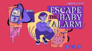 Escape the Baby Alarm ベビーモニターからの脱出のキービジュアル（タイトルロゴと、ベビーモニターを持つ主人公。開発者公式サイトより）