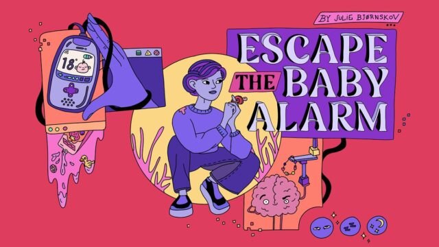 Escape the Baby Alarm ベビーモニターからの脱出のキービジュアル（タイトルロゴと、ベビーモニターを持つ主人公。開発者公式サイトより）