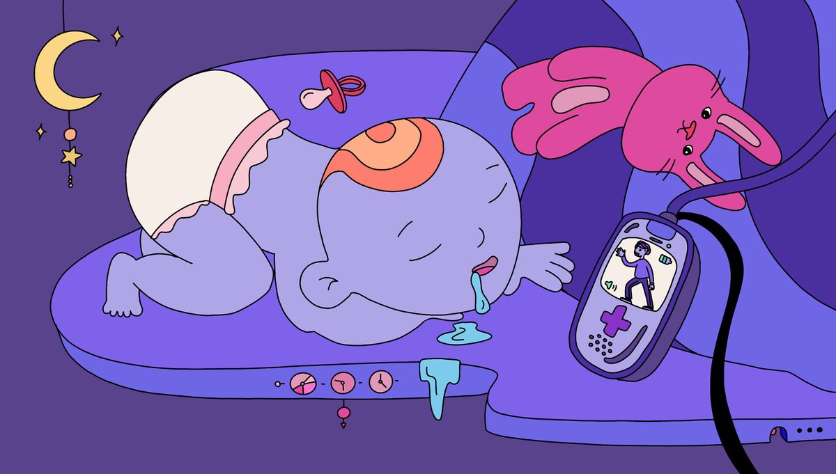 Escape the Baby Alarmの画面（ベビーモニターのそばで眠る赤ちゃん。Steamのスクリーンショット）
