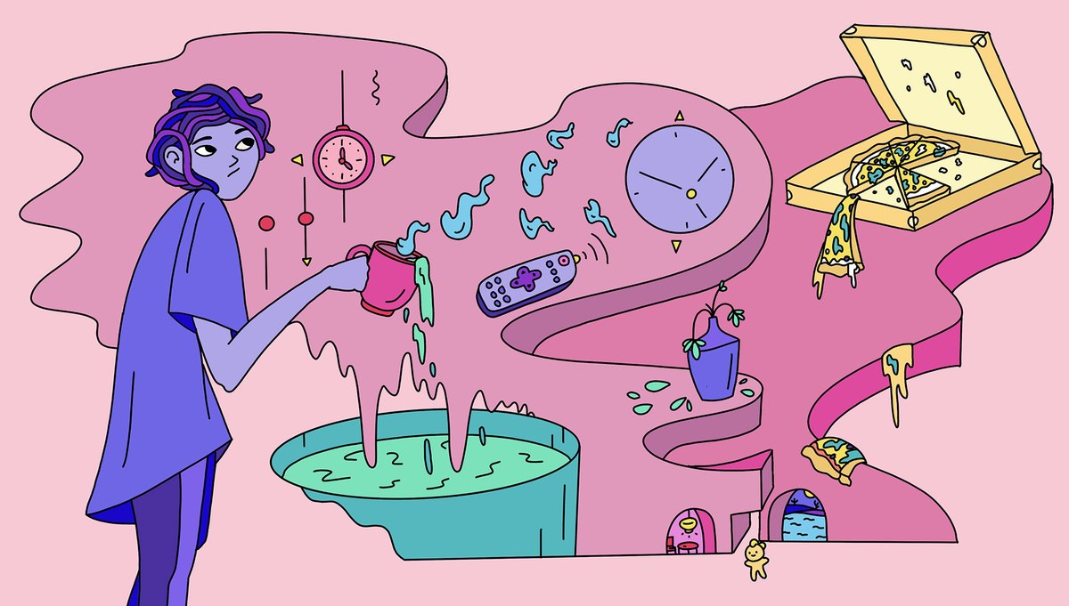Escape the Baby Alarmの公式イラスト（あふれるコーヒーと、時計や宅配ピザに囲まれた主人公。開発者公式サイトより）