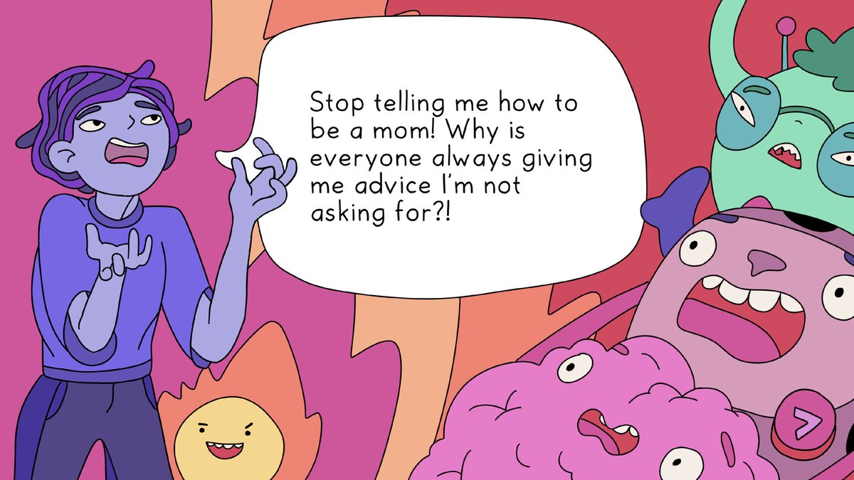 Escape the Baby Alarmの画面（「Stop telling me how to be a mom!」と叫ぶ主人公。Steamのスクリーンショット）