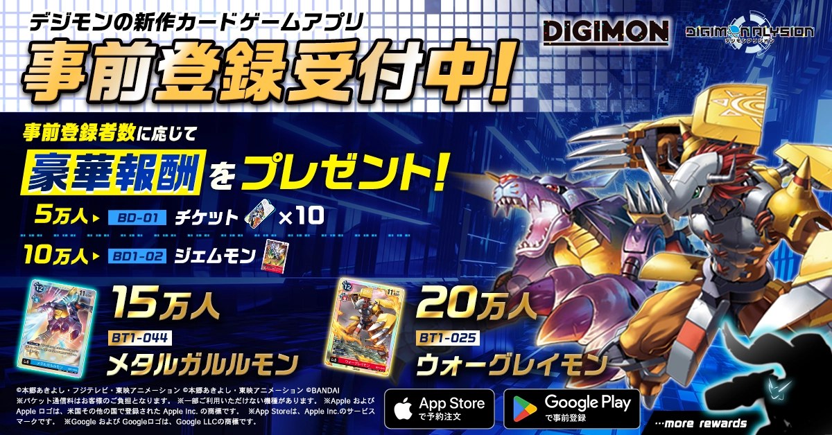デジモンアリシオンの事前登録キャンペーンの告知画像(登録者数に応じた報酬の一覧。公式サイトより)