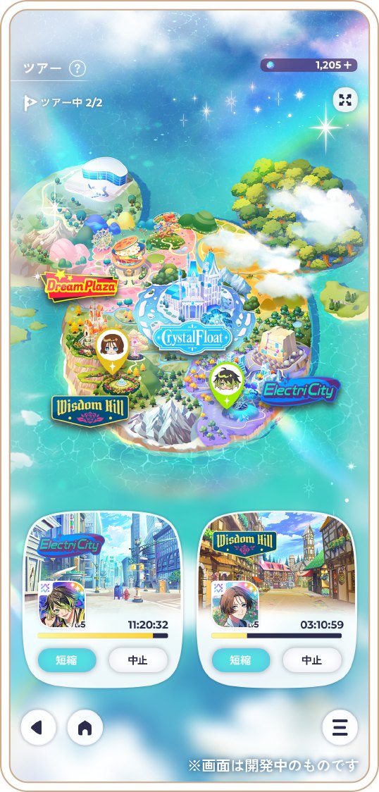 ディズニー スパークリンク・スターズのツアーの画面(ルミナステアの地図と、各地へ送り出したスパークライダー。公式サイトより)