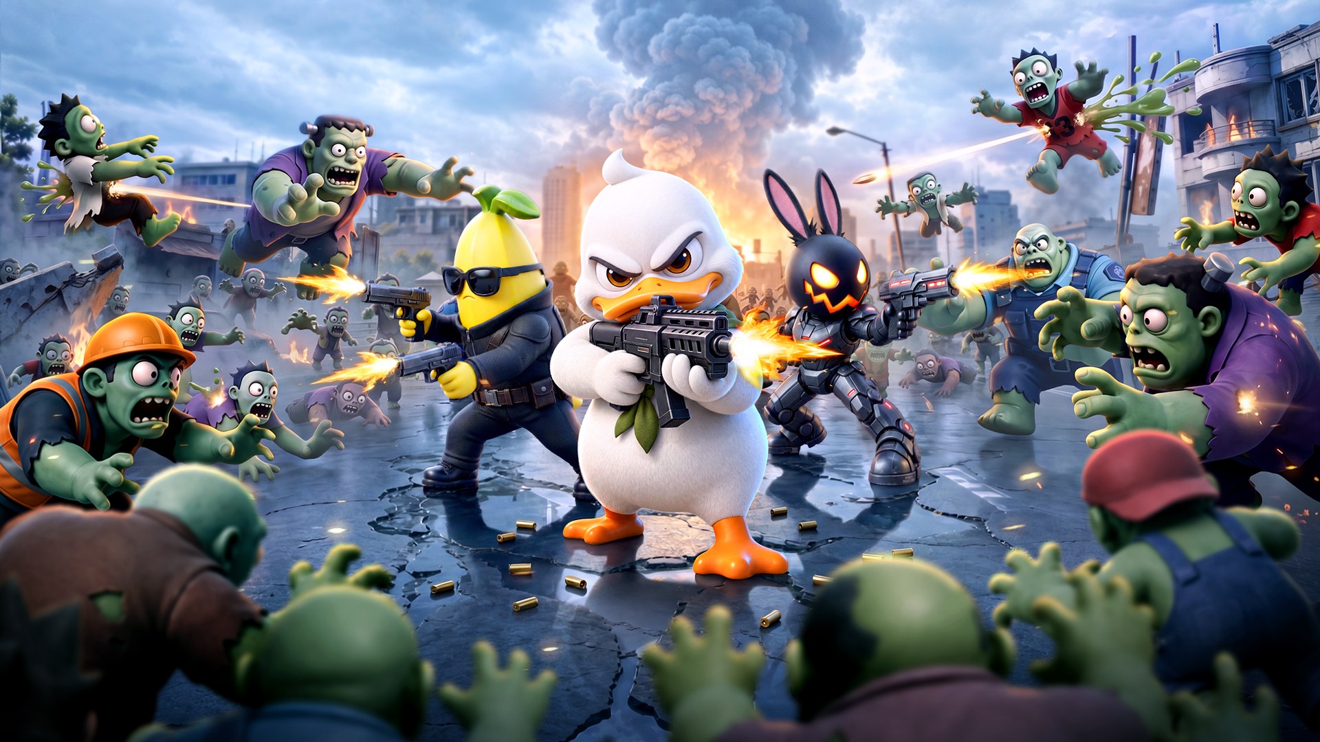 ダックサバイバーのアヒル兵士とゾンビの戦いのイラスト