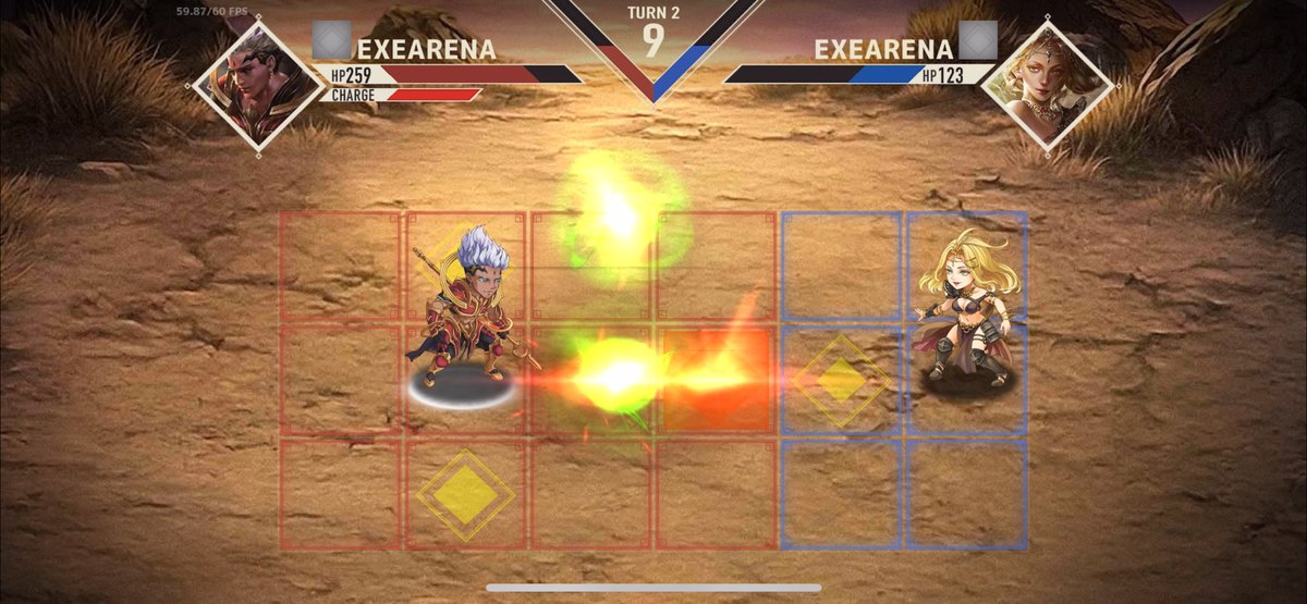 EXE ARENAのバトル画面(プロメテウスとロメリアの対戦。公式サイトより)