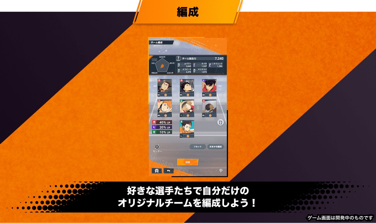 ハイキュー!! ALL Challengersのチーム編成画面（ポジションごとに選手を配置。公式サイトより。画面は開発中のもの）