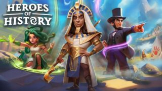 ヒーローズオブヒストリー（Heroes of History）のキービジュアル（タイトルロゴとメドゥーサ・ファラオ・リンカーン。公式YouTubeより）