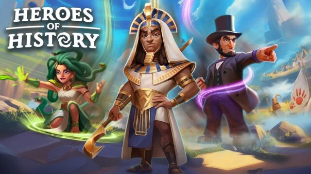 ヒーローズオブヒストリー（Heroes of History）のキービジュアル（タイトルロゴとメドゥーサ・ファラオ・リンカーン。公式YouTubeより）