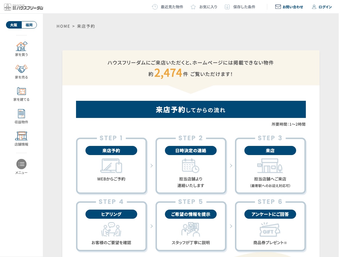 ハウスフリーダムの来店予約ページ(公式サイトより)