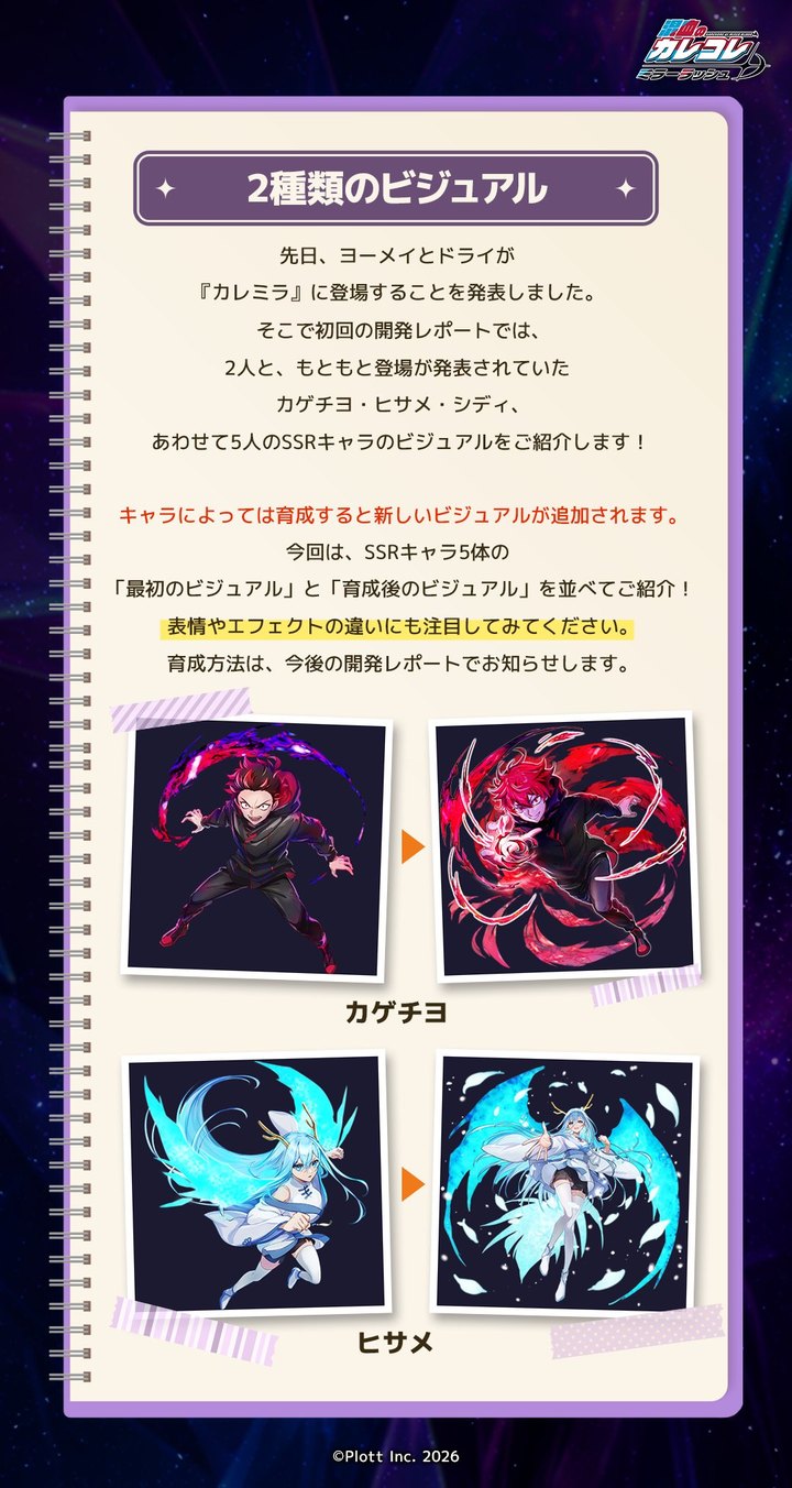 混血のカレコレ ミラーラッシュの開発レポートの画像（カゲチヨとヒサメの最初のビジュアルと育成後のビジュアル。公式Xより）