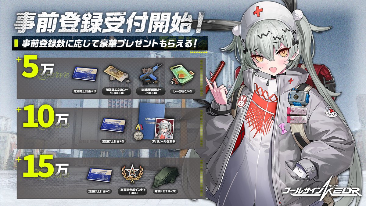 コールサイン - KEDRの事前登録特典(登録者数5万人・10万人・15万人の報酬。公式サイトより)