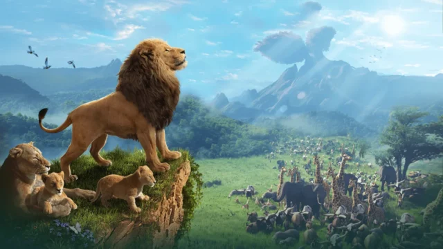 崖の上に立つライオンと、草原に集まるキリンやゾウなどの動物たちを描いたキング・オブ・ビースト：新世界の宣伝イラスト（公式サイトの画像）