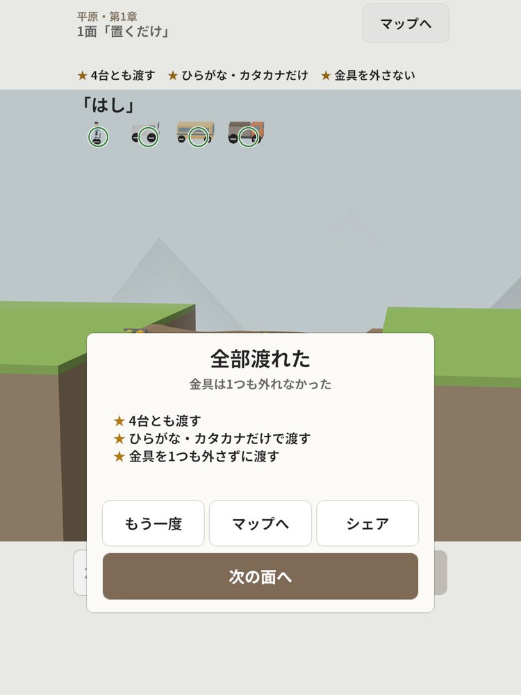 1面をクリアした画面（「全部渡れた」の表示と、星3つの条件。App Storeの紹介画像）