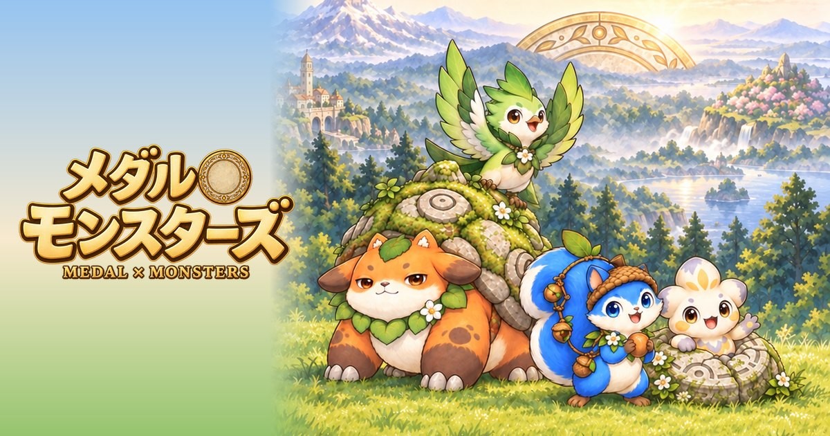 メダル×モンスターズのロゴと、はじめの仲間のモンスターたち（公式サイトの画像）