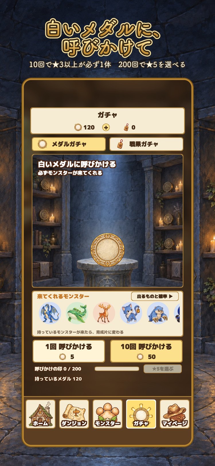 メダル×モンスターズのガチャの画面。祭壇の白いメダルと、1回・10回の呼びかけボタンが並んでいる様子（App Storeの紹介画像）