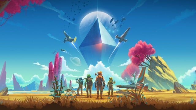 No Man's Skyのキービジュアル（宇宙船と探検家たち、異星の風景。公式サイトより）