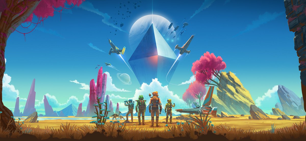 No Man's Skyのキービジュアル（宇宙船と探検家たち、異星の風景。公式サイトより）