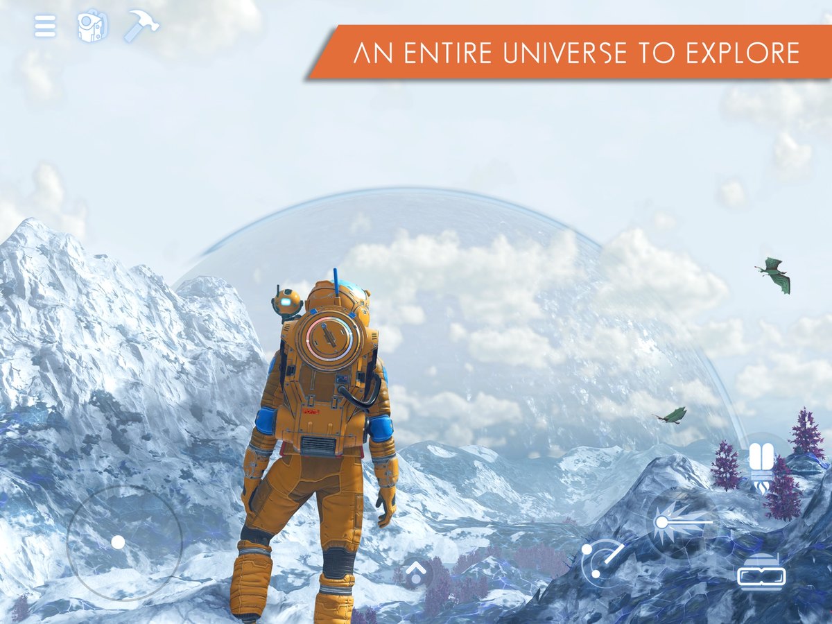 No Man's SkyのiPad版の画面(雪山に立つ探検家。「AN ENTIRE UNIVERSE TO EXPLORE」の表示。App Storeの紹介画像)