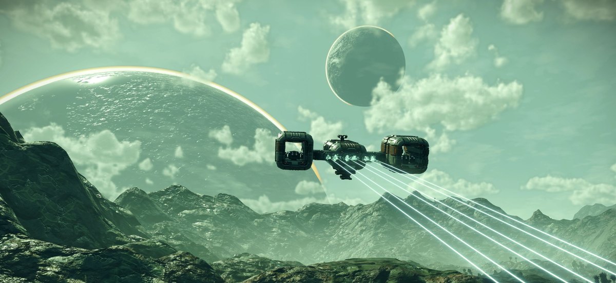 No Man's SkyのiPhone版の画面(緑の惑星の上空を飛ぶ宇宙船。公式ニュースより)
