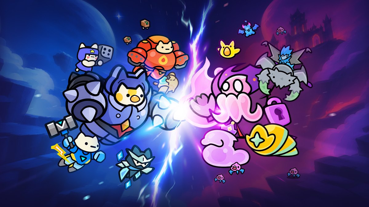 惑星破壊ニャンニャニャンのネコの軍団とエイリアンがぶつかり合うイラスト(Google Playのお知らせ画像)