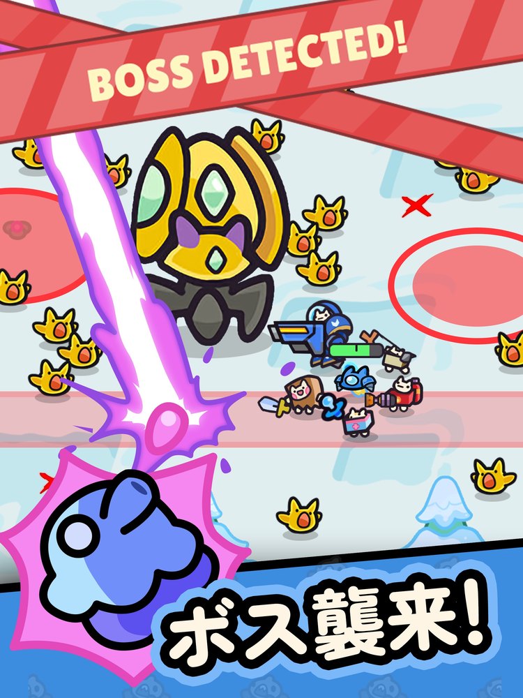 惑星破壊ニャンニャニャンのボス戦の画面(「BOSS DETECTED!」の表示。App Storeの紹介画像)