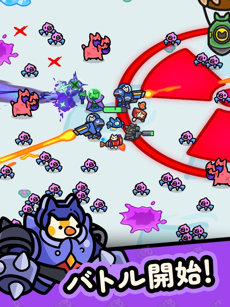 惑星破壊ニャンニャニャンのバトル画面(エイリアンの群れと戦うネコたち。App Storeの紹介画像)