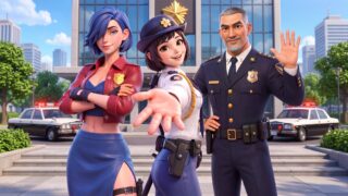 ポリスチーフのイメージ画像（警察署の前に立つ3人のキャラクターとパトカー。Google Playのイベント「ポリスチーフ配信開始！」より）