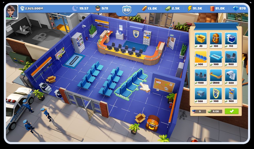 ポリスチーフのゲーム画面(青い床の受付と待合室を上から見た警察署。公式サイトより)