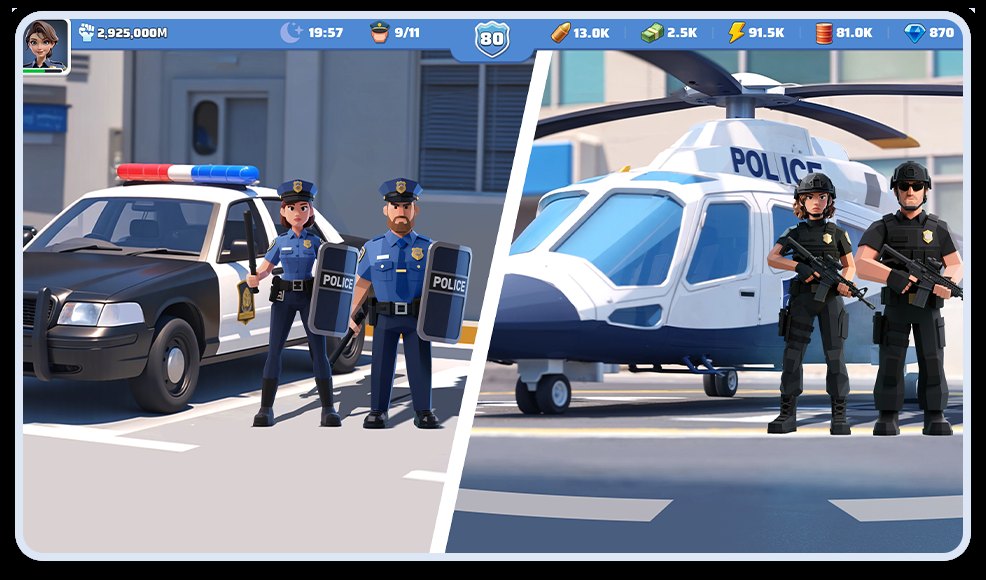 ポリスチーフのゲーム画面(パトカーと盾を持つ警官、ヘリコプターと武装した特殊部隊。公式サイトより)