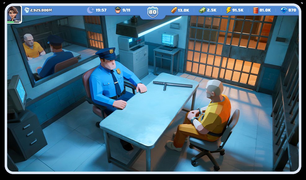 ポリスチーフのゲーム画面(取調室で警官とオレンジの服の容疑者が向き合う場面。公式サイトより)