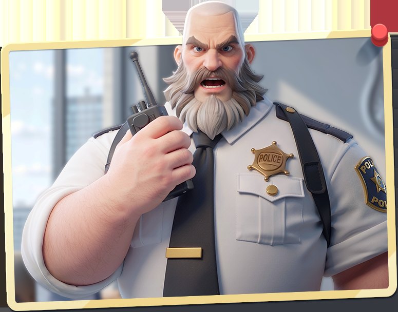 ポリスチーフのキャラクターの画像(無線機を持つひげの警察官。公式サイトより)