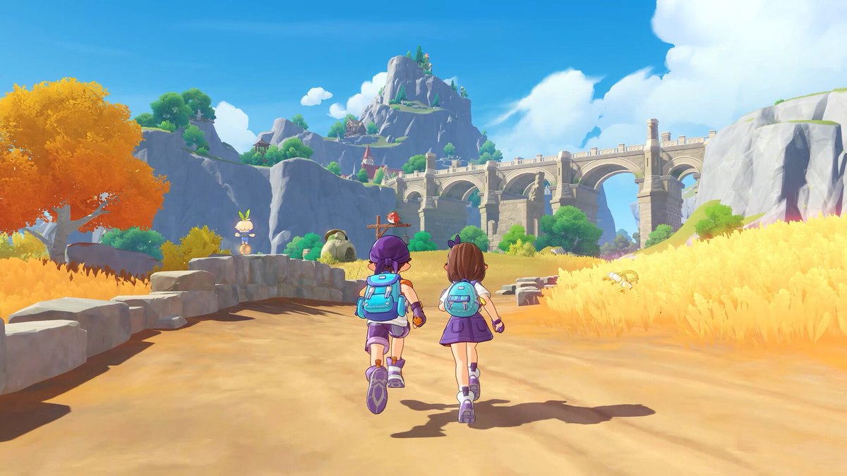 Roco Kingdomの場面(石の橋へ続く道を走る2人のロコとジニ。Steamストアより)