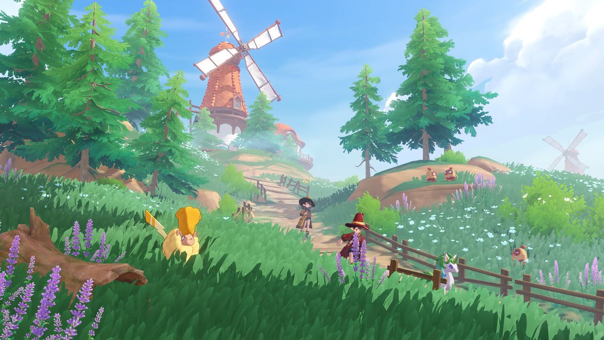 Roco Kingdomの場面(風車のある丘と、草原を歩くジニたち。Steamストアより)