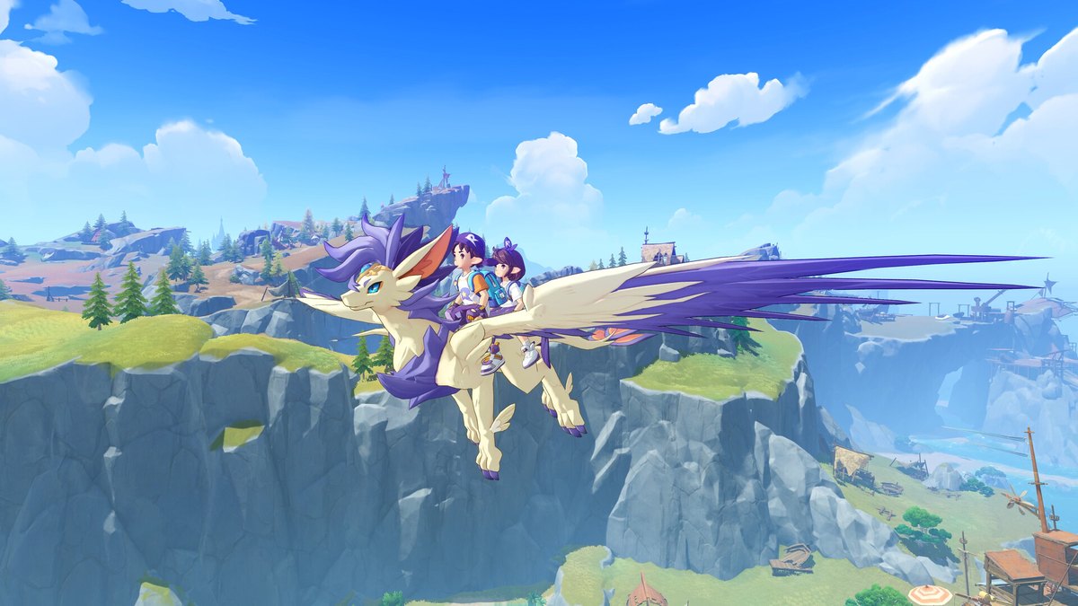 Roco Kingdomの場面(大きなジニの背中に乗って空を飛ぶロコたち。Steamストアより)