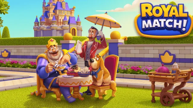 「ROYAL MATCH!」のロゴと、お城の庭でお茶をするロバート王、日傘を差す執事ウィンストン、犬のデューク（Dream Games公式サイトの画像）