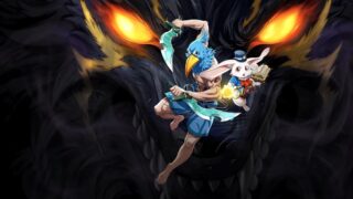 シャングリラ・フロンティア ～七つの最強種～のメインビジュアル（巨大な狼の目の前を跳ぶサンラクとエムル。公式サイトより）