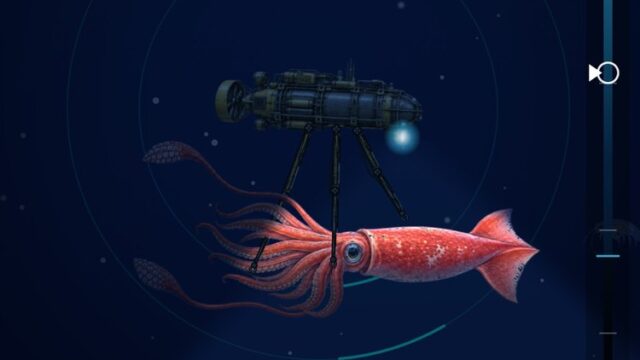 深海8000の探索画面。潜水艇のアームで深海のイカを捕まえる様子（App Storeの紹介画像）