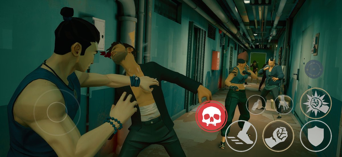 Sifuのスマホ版の画面(細い通路で敵と戦う主人公。右下にタッチ操作のボタン。Google Playの紹介画像)