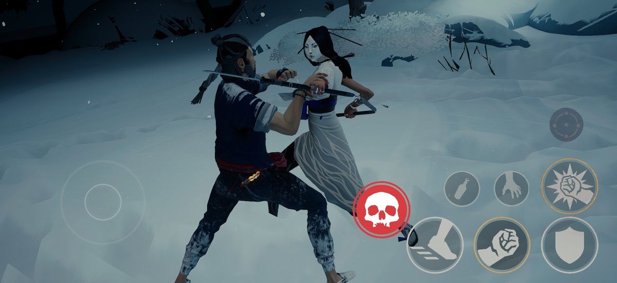 Sifuのスマホ版の画面(雪の中で敵と戦う主人公。Google Playの紹介画像)