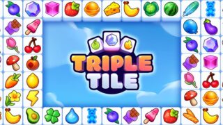 Triple Tile（トリプルタイル）のタイトルロゴと、果物や花の絵柄のタイル（Google Playの紹介画像）
