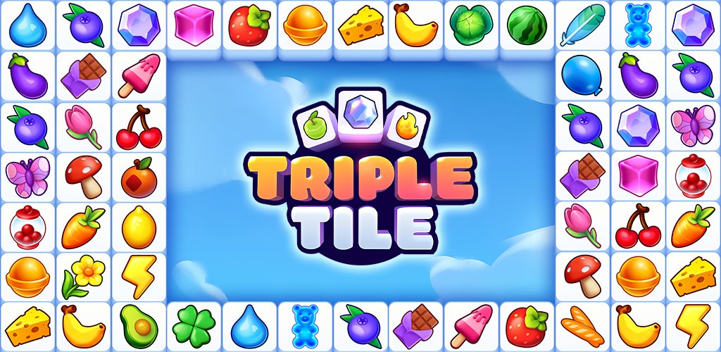 Triple Tile（トリプルタイル）のタイトルロゴと、果物や花の絵柄のタイル（Google Playの紹介画像）