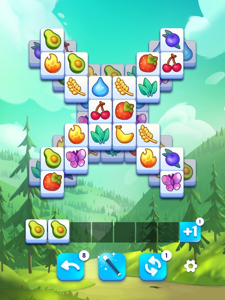 Triple Tileのプレイ画面。森の景色の上に積まれたタイルと、画面下の7マスの枠（App Storeの紹介画像）